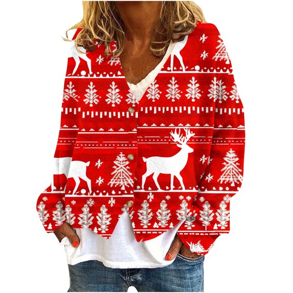 Npasoilc Cardigan Ugly Christmas Sweaters for Women Fall Winter Trendy Button Down Open Front V-Neck Holiday Fleece Sweater Christmas Printed Plush Casual Outwear Jacket