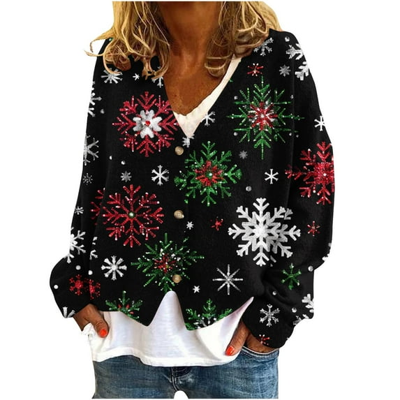 Npasoilc Cardigan Ugly Christmas Sweaters for Women Fall Winter Trendy Button Down Open Front V-Neck Holiday Fleece Sweater Christmas Printed Plush Casual Outwear Jacket
