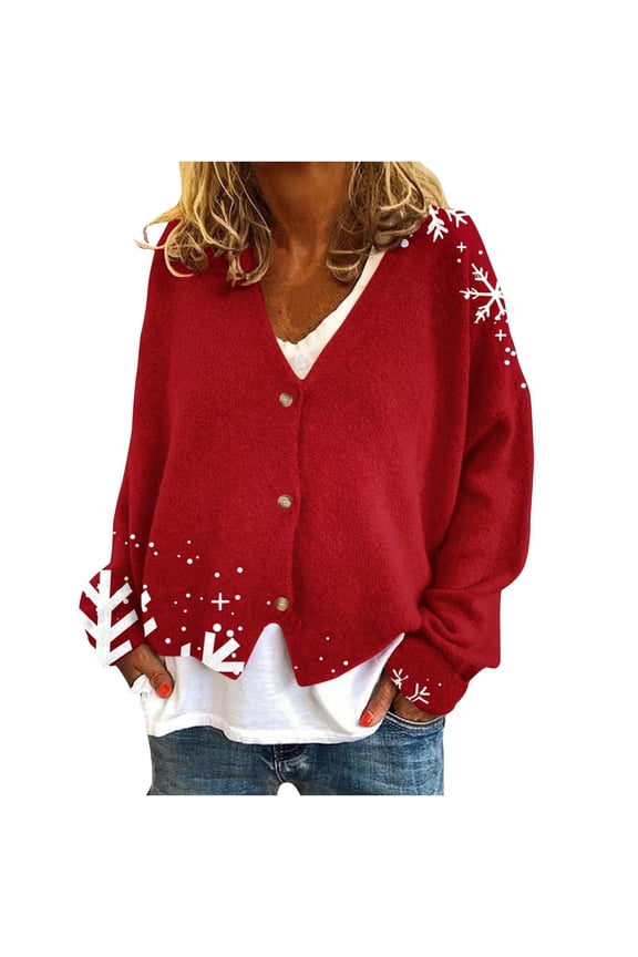 Cardigan Ugly Christmas Sweaters for Women Fall Winter Trendy Button Down Open Front V-Neck Holiday Fleece Sweater Christmas Printed Plush Casual Outwear Jacket
