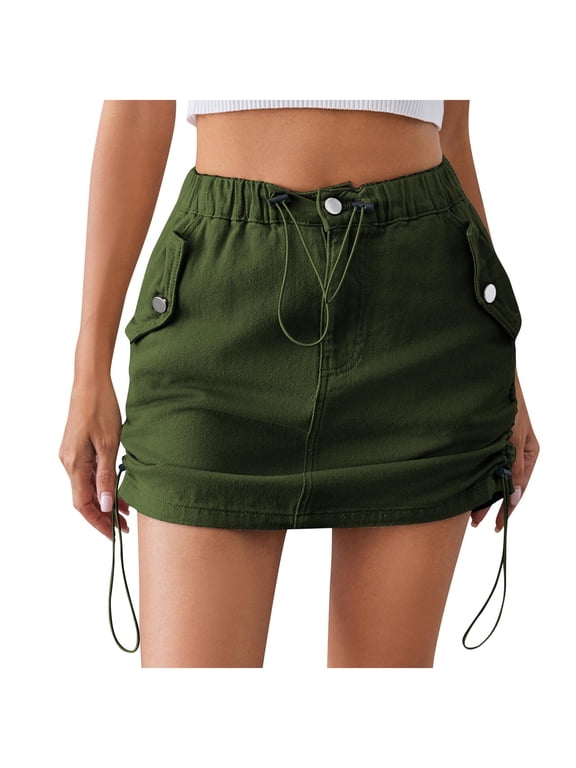 Cargo Denim Skirts For Women Casual Solid Color Low Waist Button Short Skirt Bodycon Denim Jean Skirt Summer Skirt A Line Jean Skirt With Pockets