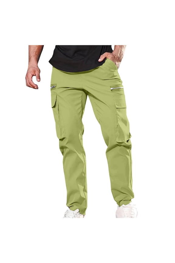 Cargo Pants for Men Joggers Lightweight Elastic Waist Decorated Zipper Straight-Legs Outdoor Hiking Fitness Casual Trousers with Multi Pockets