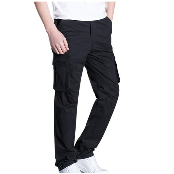 Npasoilc Cargo Pants for Men Elastic Waist Straight Leg Lightweight Hiking Outdoor Trousers Solid Color Casual Loose Pants with Multiple Pockets