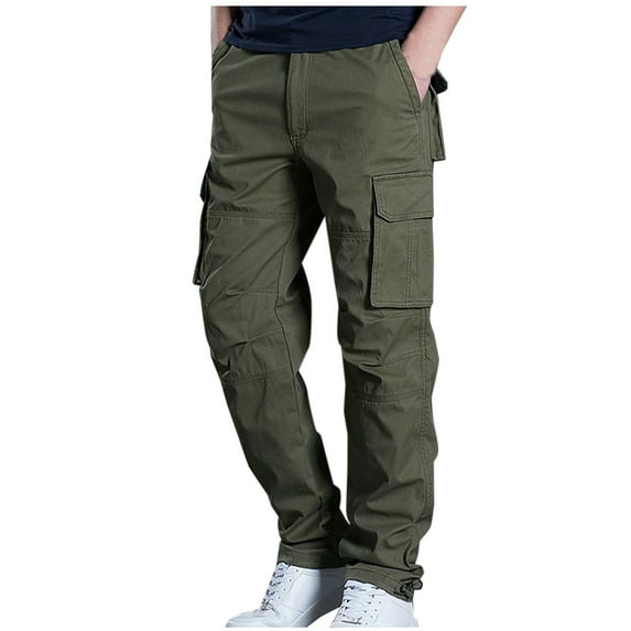 Npasoilc Cargo Pants for Men Elastic Waist Straight Leg Lightweight Hiking Outdoor Trousers Solid Color Casual Loose Pants with Multiple Pockets