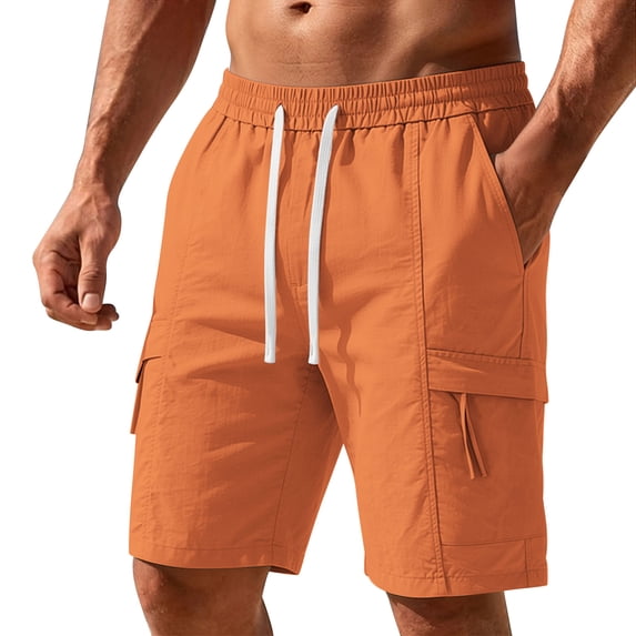 Npasoilc Cargo Shorts for Men Solid Color Elastic Waist Drawstring Knee Length Short Pants Fitness Training Shorts with Multi-Pocket
