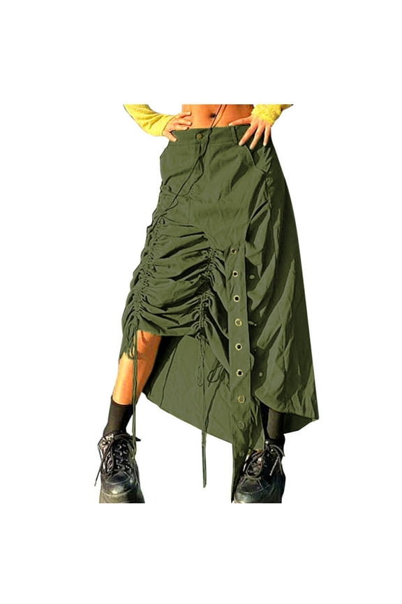 Cargo Skirts for Women Button Zipper High Waist Irregular Drawstring Slit Hem Gothic Skirt Solid Color Casual Loose Skirt