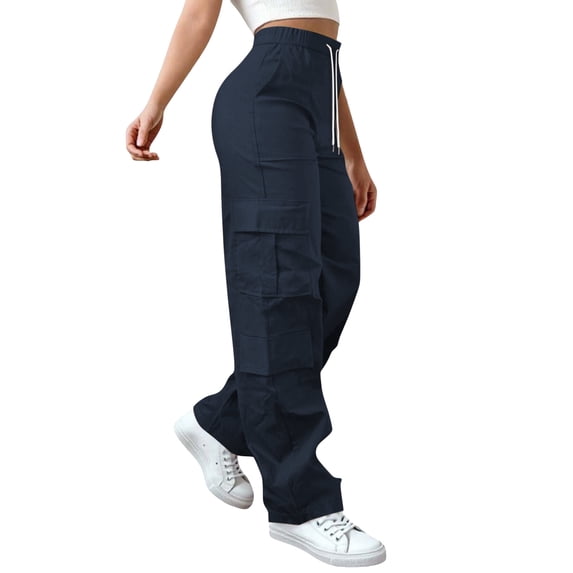 Npasoilc Cargo Sweatpants for Women High Waisted with Multiple Pockets Loose Fit Casual Workwear Wide Leg Trousers,Navy