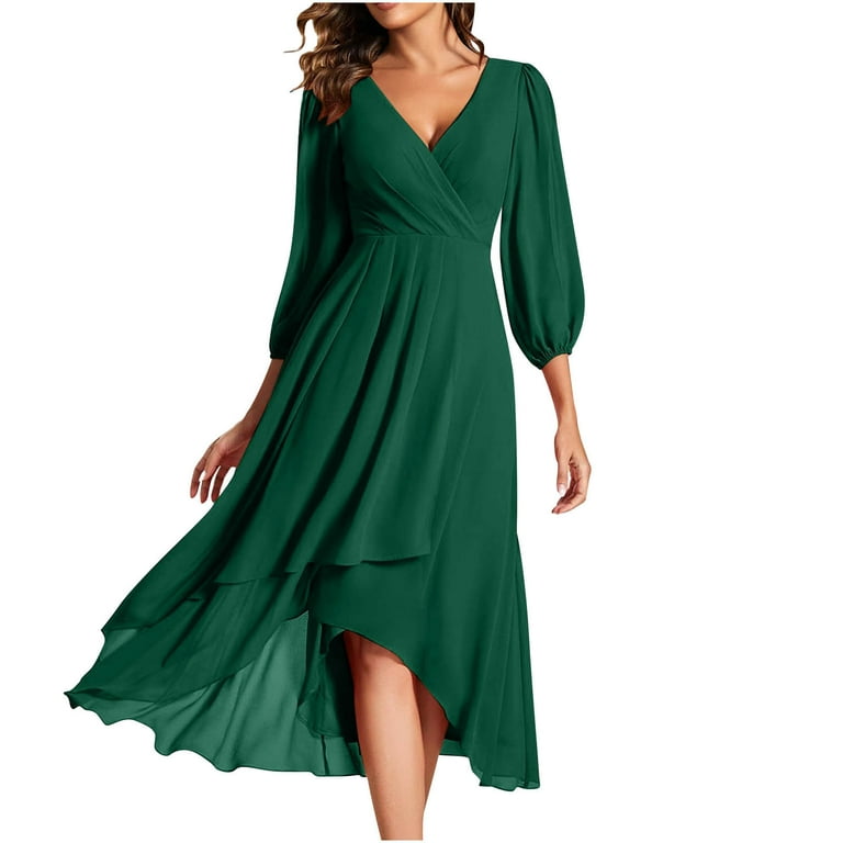 Npasoilc Chiffon Dresses for Women Trendy 3/4 Puffy Sleeve Cross V-Neck  High Waist Irregular Tiered Flowy Ruffle Hem Lightweight A-Line Dress Solid  Color Casual Mid Length Dresses - Walmart.com