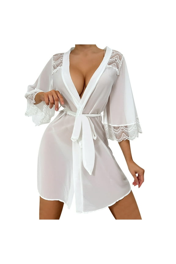 Chiffon Lace-Patchwork Robes for Women Waist Bandage Lace-Up Knee-Length Bathrobe Lightweight See-Through Pajama Robe Casual Cardigan Robe Loungewear