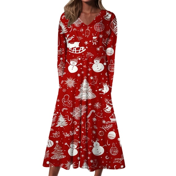 Npasoilc Christmas Dresses for Women Long Sleeve Round Neck High Waist Draped Flowy Ruffle Hem Fall Dresses Christmas Printed Casual Loose A-Line Midi Dresses