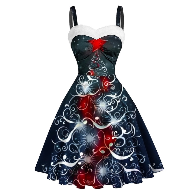 Npasoilc Christmas Dresses for Women Trendy Sleeveless Fleece V-Neck High Waist Ruffle Hem Suspender Dresses Funny Cute Christmas Printed Casual Loose