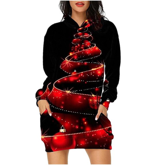 Npasoilc Christmas Hoodie Dresses for Women Trendy Long Sleeve Pullover Hooded Dresses with Pockets Funny Cute Christmas Printed Casual Loose Sweatshirts T-shirt Dresses