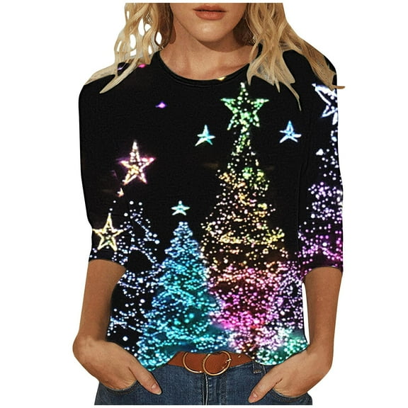 Npasoilc Christmas Shirts for Women Fall Winter Trendy Christmas Shinning Printed 3/4 Sleeve Pullover T-shirts Round Neck Holiday Casual Blouse Tops