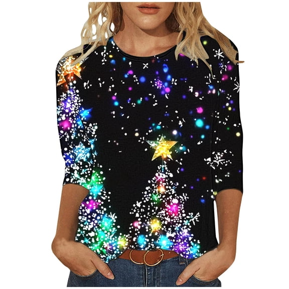 Npasoilc Christmas Shirts for Women Fall Winter Trendy Christmas Shinning Printed 3/4 Sleeve Pullover T-shirts Round Neck Holiday Casual Blouse Tops