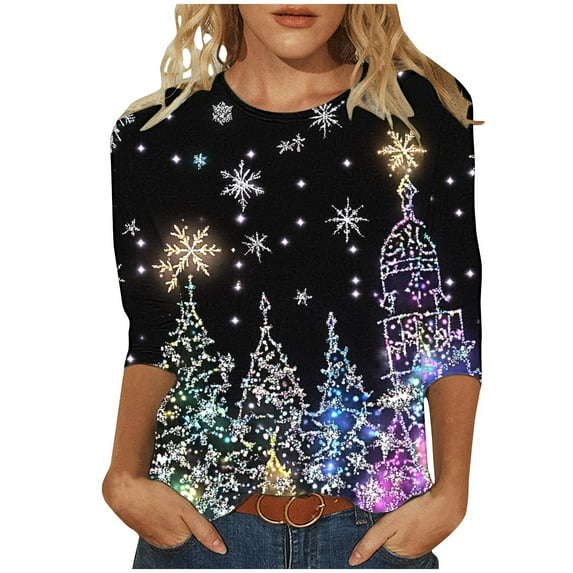 Npasoilc Christmas Shirts for Women Fall Winter Trendy Christmas Shinning Printed 3/4 Sleeve Pullover T-shirts Round Neck Holiday Casual Blouse Tops