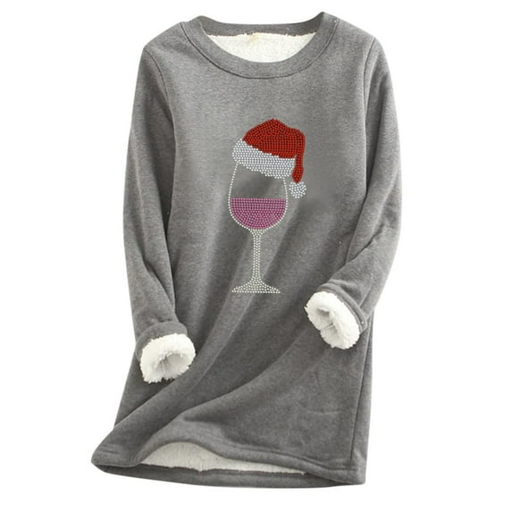 Npasoilc Christmas Sweatshirts For Women Casual Wine Glass Print Lined Fleece Round Neck Sweatshirt Pullover Sweatshirt Loungewear Sport Sweatshirt