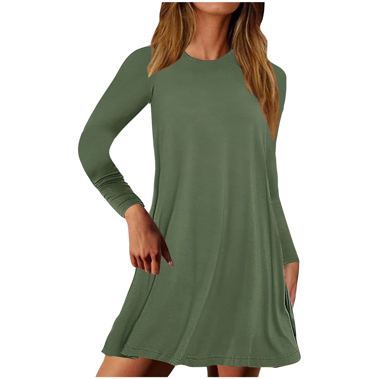 Women's Casual Round Neck Solid Color Button Loose Dress