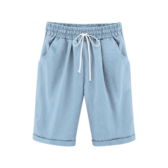 Npasoilc Cotton Line Shorts for Girls Drawstring Elastic Waist Knee-Length Shorts Straight Leg Breathable Shorts Casual Loose Teenage Shorts