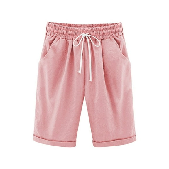 Npasoilc Cotton Line Shorts for Girls Drawstring Elastic Waist Knee-Length Shorts Straight Leg Breathable Shorts Casual Loose Teenage Shorts