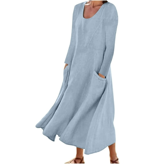 Npasoilc Cotton Linen Dress For Women Long Sleeve Round Neck Solid Casual Baggy Flowy Maxi Dresses With Pockets Fall Derss