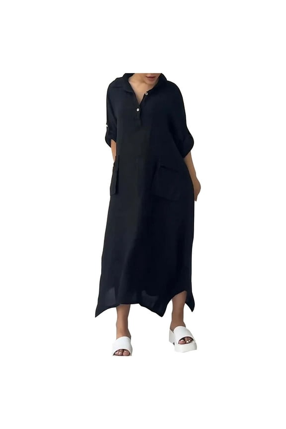 Cotton Linen Dresses For Women 2024 Casual Solid Color Long Sleeve V Neck Maxi Dress Fall Dresses Ankle Length Dress Trendy Long Dress