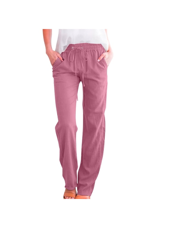 Cotton Linen Pants for Women High Waisted Drawstring Elastic Wasit Straight Leg Trousers Soft Lightweight Wide Leg Pants Casual Loose Loungewear Beach Vacation Pants