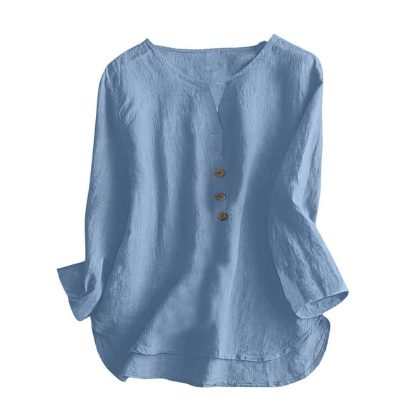 Npasoilc Cotton Linen Ruched Shirts for Women 3/4 Sleeve Button V-Neck Shirts Thin Breathable Pullover Tops Casual Loose Beach Vacation Shirts