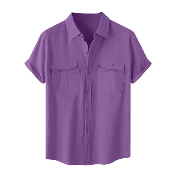 Npasoilc Cotton Linen Shirts for Men Vintage Short Sleeve Button Down Lapel Neck Tops with Pockets Breathable Soft Chemise Blouses Solid Color Casual Loose T-Shirts