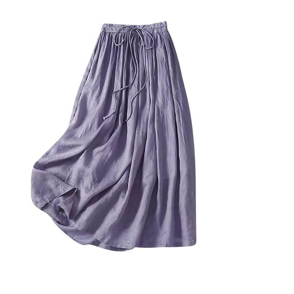 Npasoilc Cotton Linen Skirts For Women Casual Solid Color Elasticated Waist A Line Skirt Trendy Summer Skirts Lightweight Drawstring Quick Dry Skirts