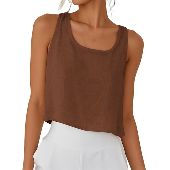 Npasoilc Cotton Linen Summer Crop Tops for Women Sleeveless Round-Neck Shirts Lightweight Breathable Blouse Tops Casual Loose Shirts
