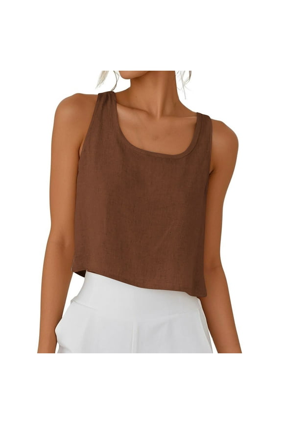 Cotton Linen Summer Crop Tops for Women Sleeveless Round-Neck Shirts Lightweight Breathable Blouse Tops Casual Loose Shirts