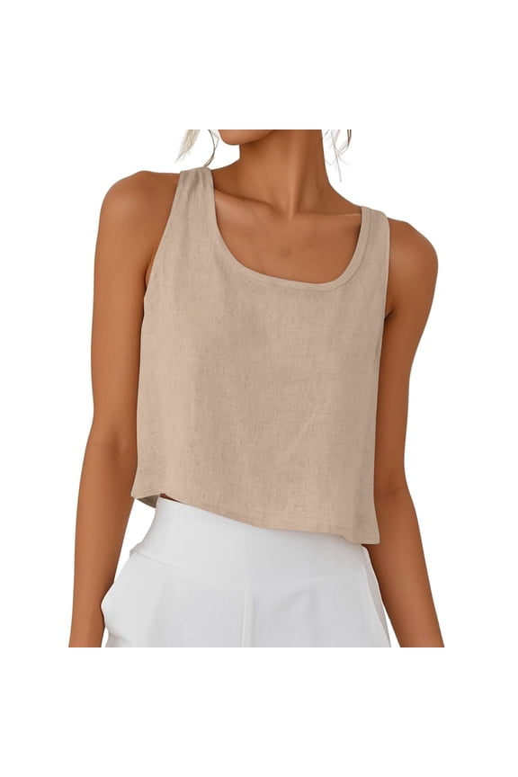 Cotton Linen Summer Crop Tops for Women Sleeveless Round-Neck Shirts Lightweight Breathable Blouse Tops Casual Loose Shirts