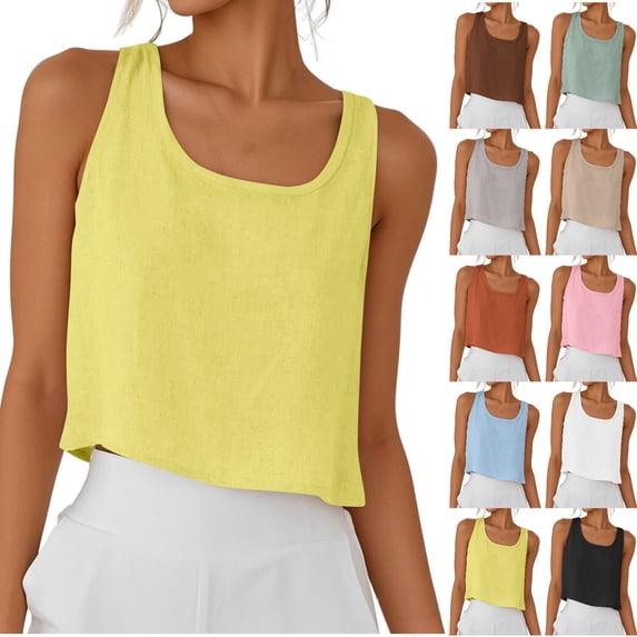 Npasoilc Cotton Linen Summer Crop Tops for Women Sleeveless Round-Neck Shirts Lightweight Breathable Blouse Tops Casual Loose Shirts