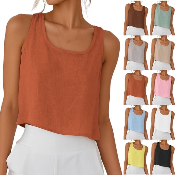 Npasoilc Cotton Linen Summer Crop Tops for Women Sleeveless Round-Neck Shirts Lightweight Breathable Blouse Tops Casual Loose Shirts