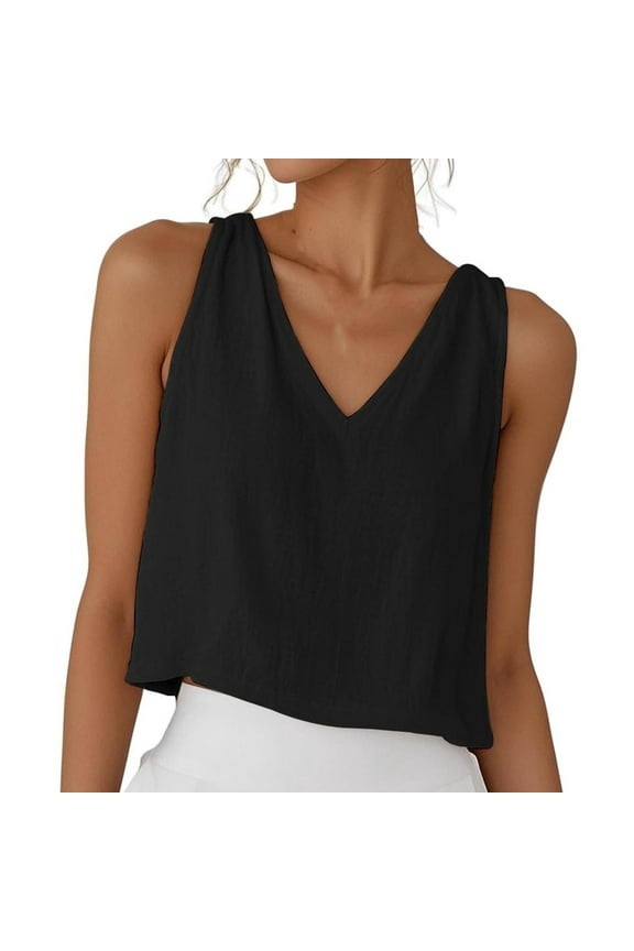 Cotton Linen Summer Crop Tops for Women Sleeveless V-Neck Shirts Lightweight Breathable Blouse Tops Casual Loose Shirts