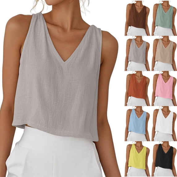 Npasoilc Cotton Linen Summer Crop Tops for Women Sleeveless V-Neck Shirts Lightweight Breathable Blouse Tops Casual Loose Shirts