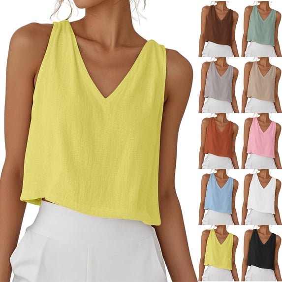 Npasoilc Cotton Linen Summer Crop Tops for Women Sleeveless V-Neck Shirts Lightweight Breathable Blouse Tops Casual Loose Shirts