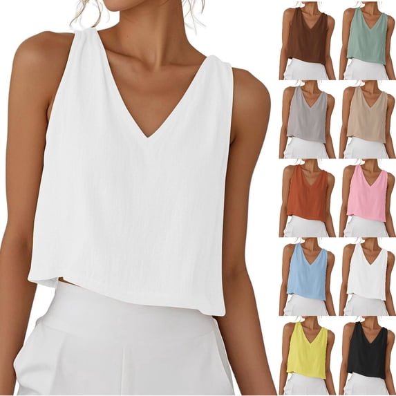 Npasoilc Cotton Linen Summer Crop Tops for Women Sleeveless V-Neck Shirts Lightweight Breathable Blouse Tops Casual Loose Shirts