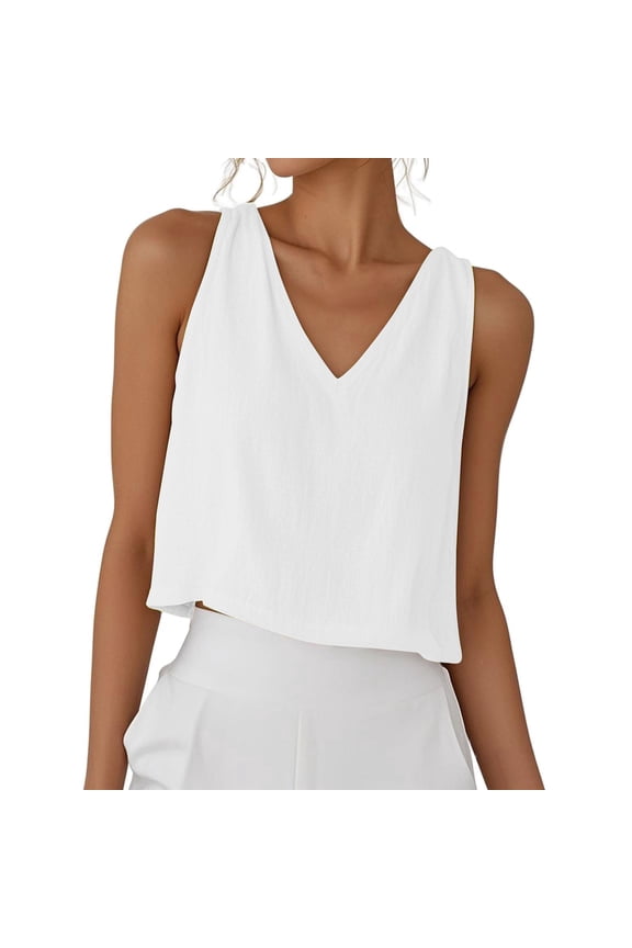 Cotton Linen Summer Crop Tops for Women Sleeveless V-Neck Shirts Lightweight Breathable Blouse Tops Casual Loose Shirts