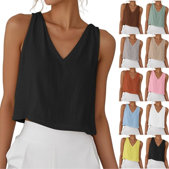 Npasoilc Cotton Linen Summer Crop Tops for Women Sleeveless V-Neck Shirts Lightweight Breathable Blouse Tops Casual Loose Shirts