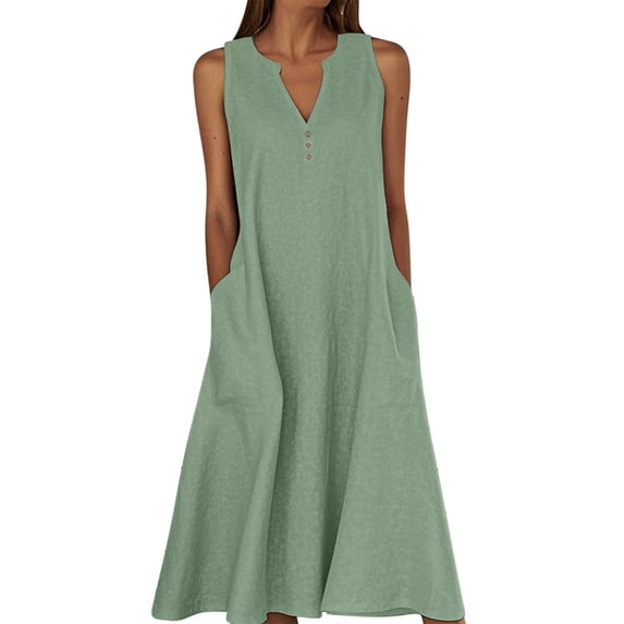 Npasoilc Cotton Linen Tank Dresses for Women Button Decorated V-Neck Flowy Ruffle Hem Dresses with Pockets Lightweight Breathable A-Line Dresses Casual Loose Beach Dresses