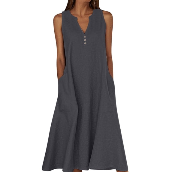 Npasoilc Cotton Linen Tank Dresses for Women Button Decorated V-Neck Flowy Ruffle Hem Dresses with Pockets Lightweight Breathable A-Line Dresses Casual Loose Beach Dresses