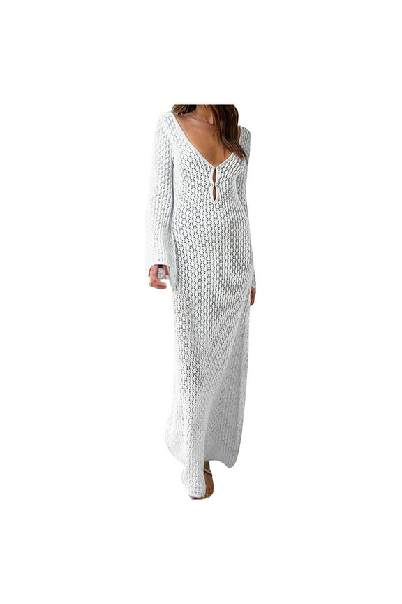Crochet Maxi Dresses For Women See Through Knit Long Dress Long Sleeve V Neck Cut Out Mesh Side Split Cover Ups Backless Beach Bikini Swimsuit Dresses Fall Dress