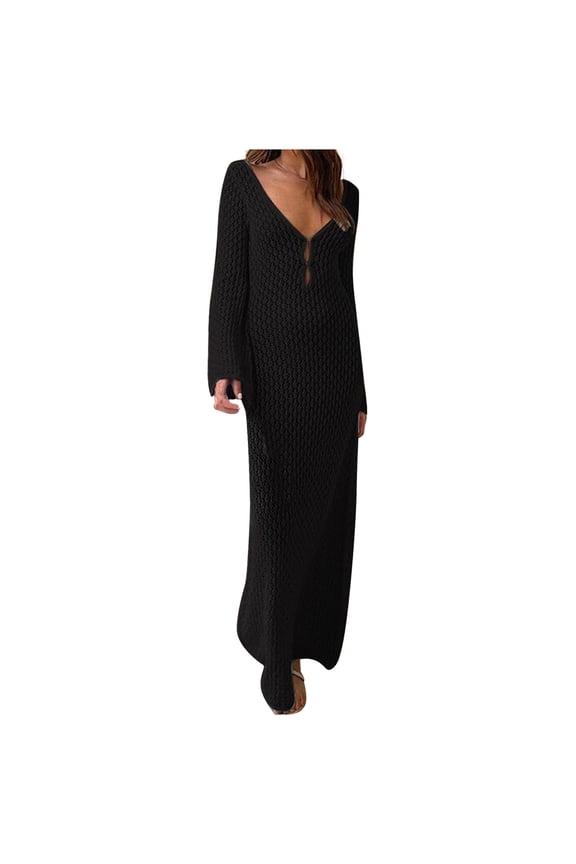 Crochet Maxi Dresses For Women See Through Knit Long Dress Long Sleeve V Neck Cut Out Mesh Side Split Cover Ups Backless Beach Bikini Swimsuit Dresses Fall Dress
