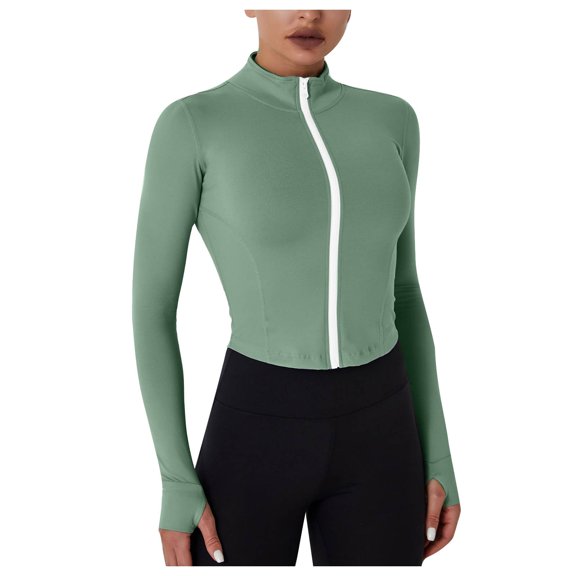 Npasoilc Cropped Athletic Coats For Women Slim Long Sleeve Full Zip Turtleneck Thumbhole Sports Track Coats Lightweight Running Sports Tops