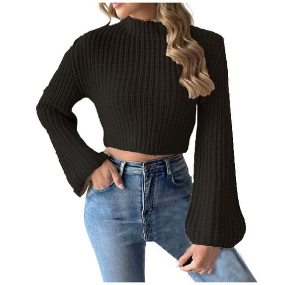 Npasoilc Cropped Sweaters for Women 2024 Trendy Fall Winter Long Puff Sleeve Round Neck Pullover Crochet Knitted Jumper Tops Casual Loose Sweaters Outfit Clothes