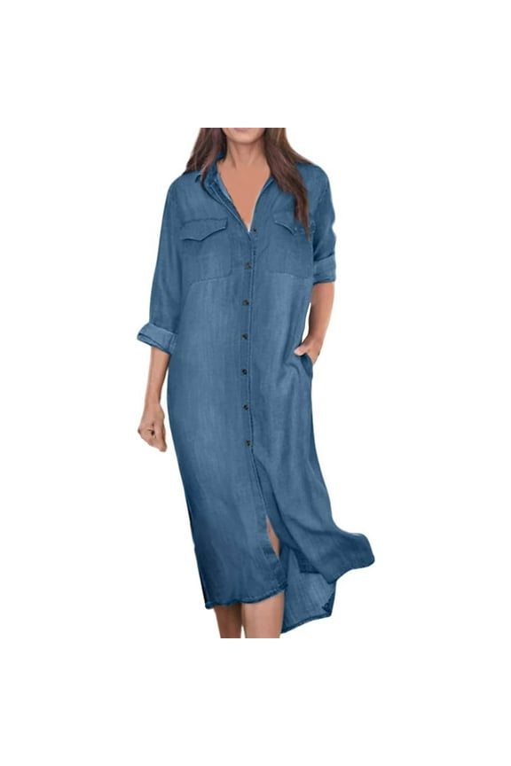 Denim Long Skirt for Women V-Neck Long Sleeves dress Casual Front Button Down with Pockets Shirt Dress
