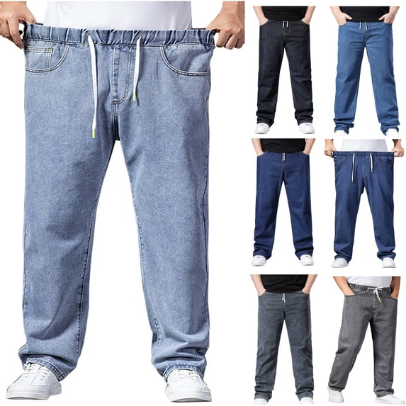 Npasoilc Denim Pants for Men Drawstring Elastic Waist Straight-Leg Business Casual Work Trousers Solid Color Loose Fit Pants