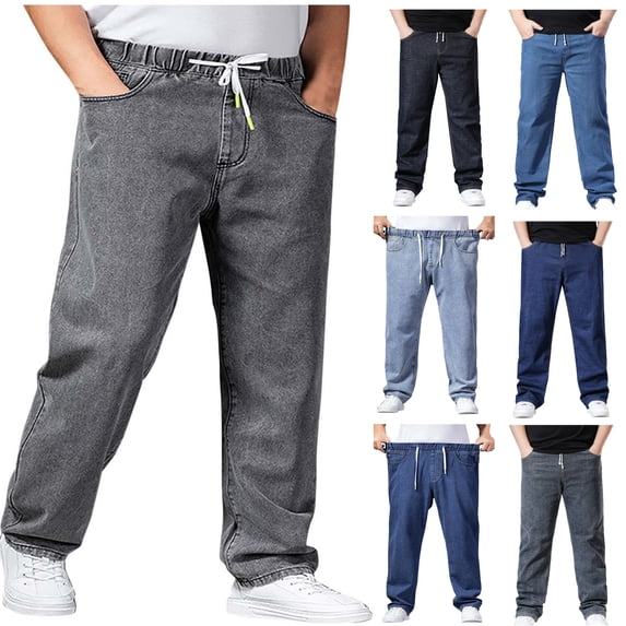Npasoilc Denim Pants for Men Drawstring Elastic Waist Straight-Leg Business Casual Work Trousers Solid Color Loose Fit Pants