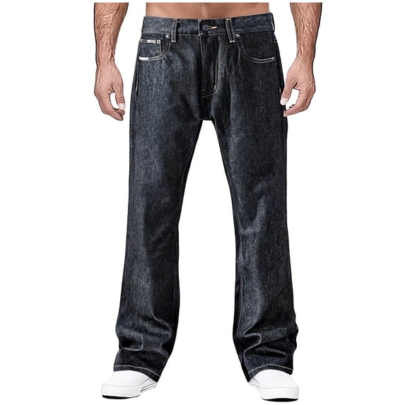Npasoilc Denim Pants for Men Elastic Waist Casual Jeans with Zipper and Button Relaxed Fit Straight Leg Jeans