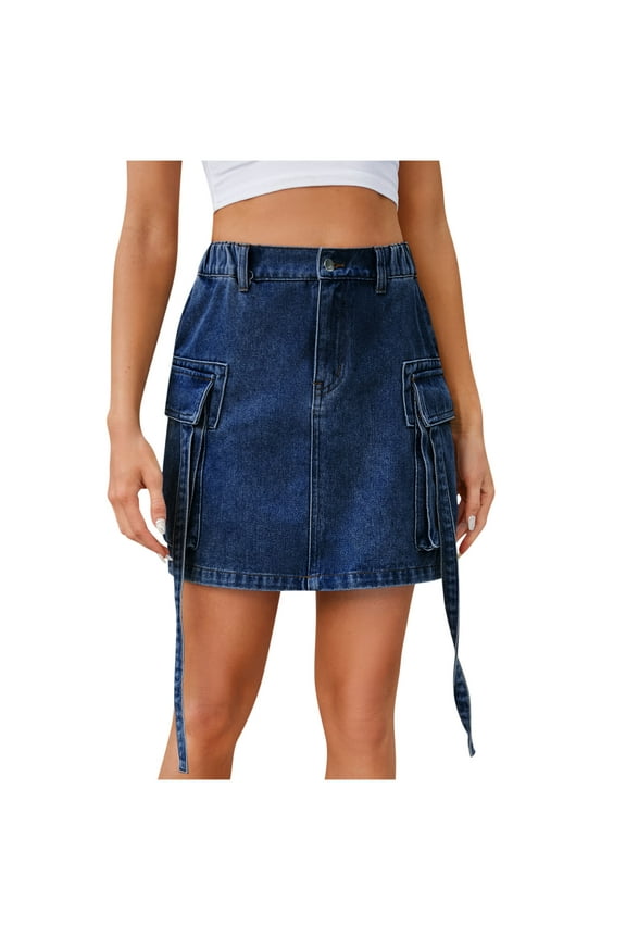 Denim Skirts for Women Trendy Elastic High Waist Button with Flowy Denim Streamer Skirt Solid Color Casual Cargo Wrap Mini Jean Skirt